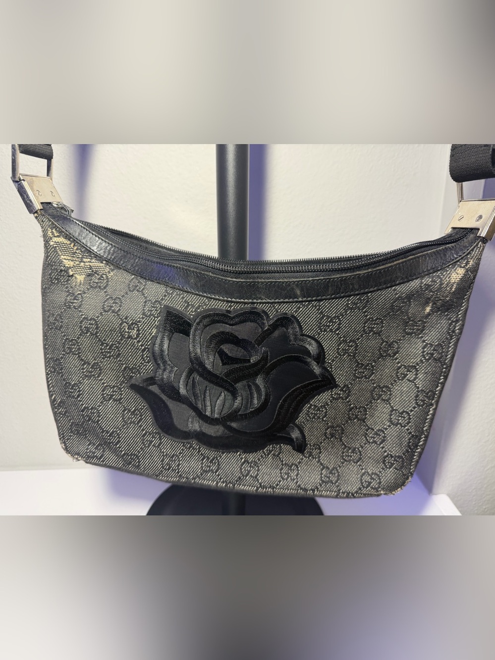 Gucci Black Denim Adjustable Strap Bag with Silver Hardware and COA - Picture 4 of 16